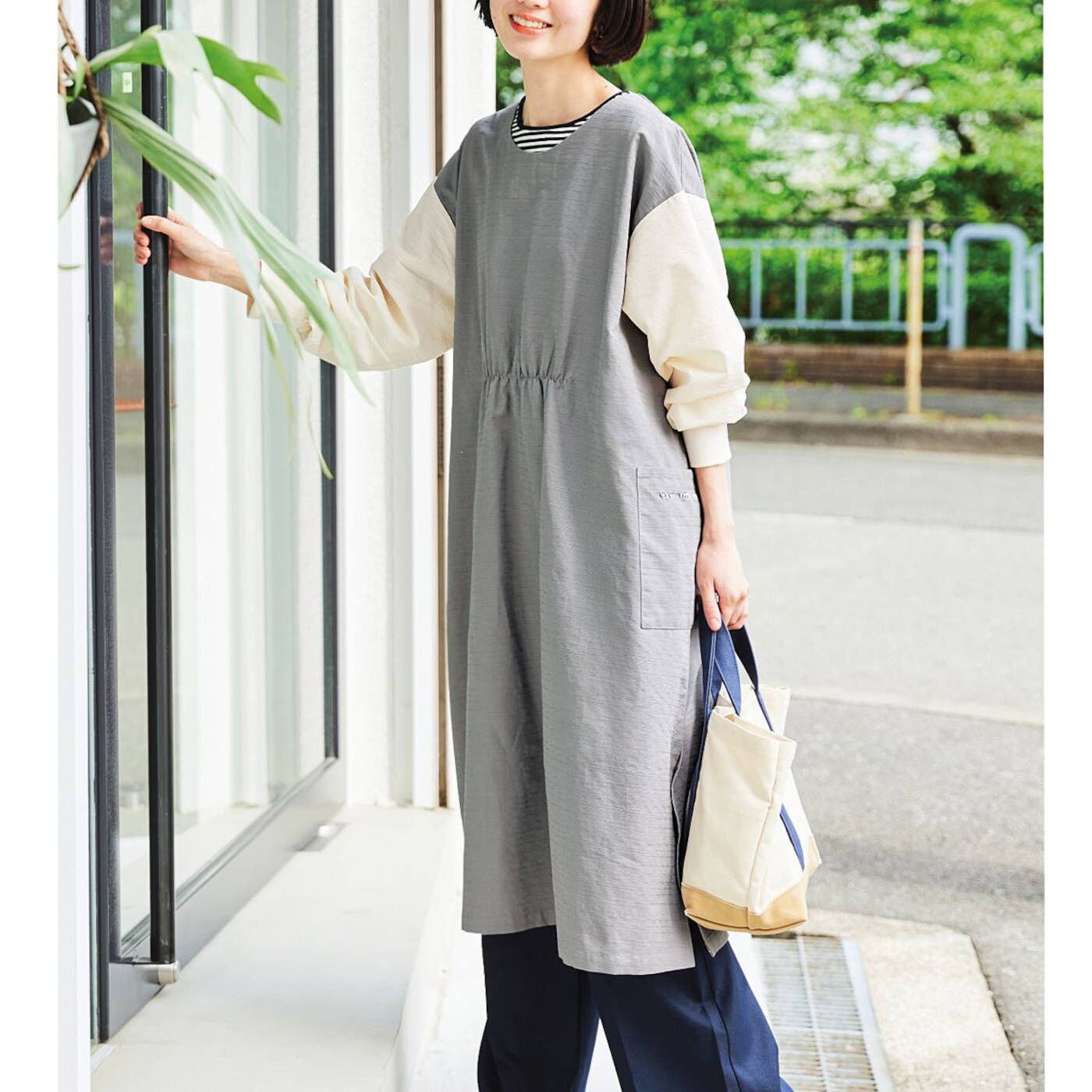 Real Stock|C.C.P　ハンドステッチがやさしい　2-WAYかっぽう着ワンピース〈鳥たち〉
