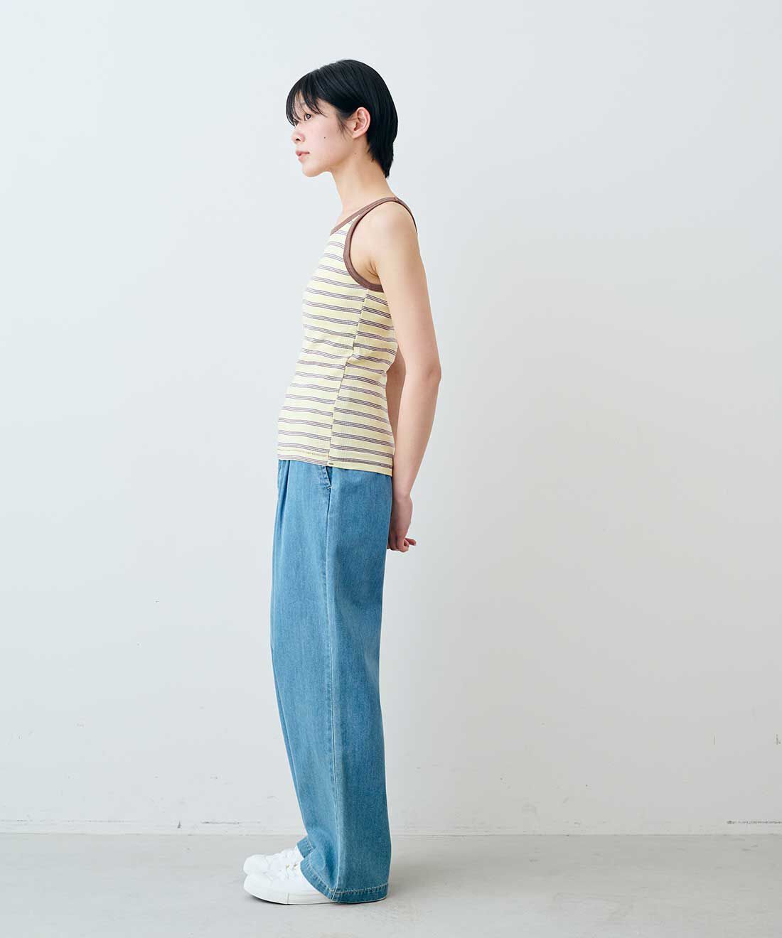 シロップ．|【WEB限定】miller リブボーダーカップ付き タンクトップ　〈イエロー&times;ブラウン〉【シロップ．バスケット】
