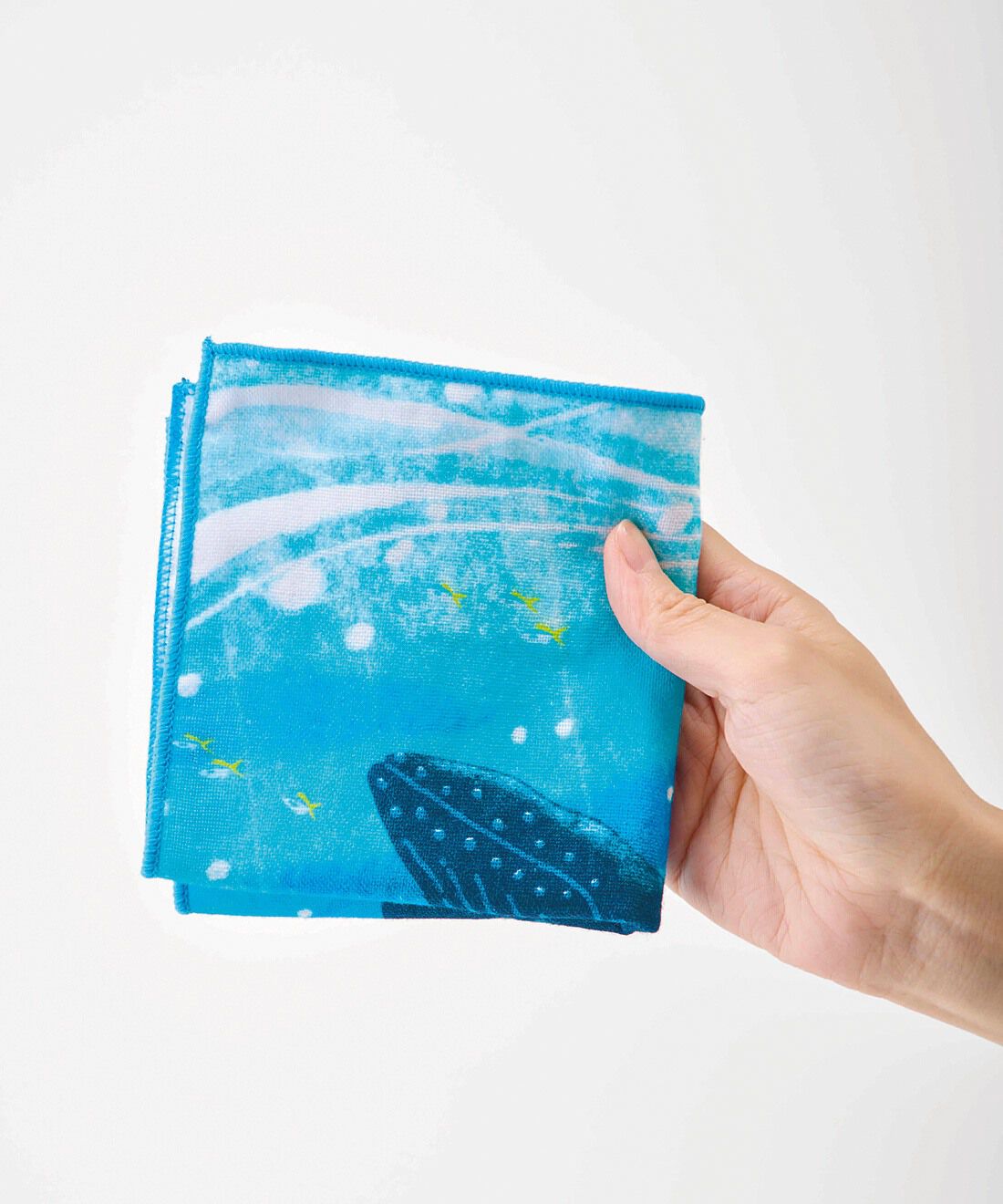 YOU+MORE!|【フェリシモ創立60周年記念商品】ボニンブルーの海を泳ぐ　雄大なザトウクジラのガーゼ＆パイルハンカチの会|折りたたむと、ちょうど手のひらサイズ。持ち運びやすい大きさと厚さにこだわりました。
