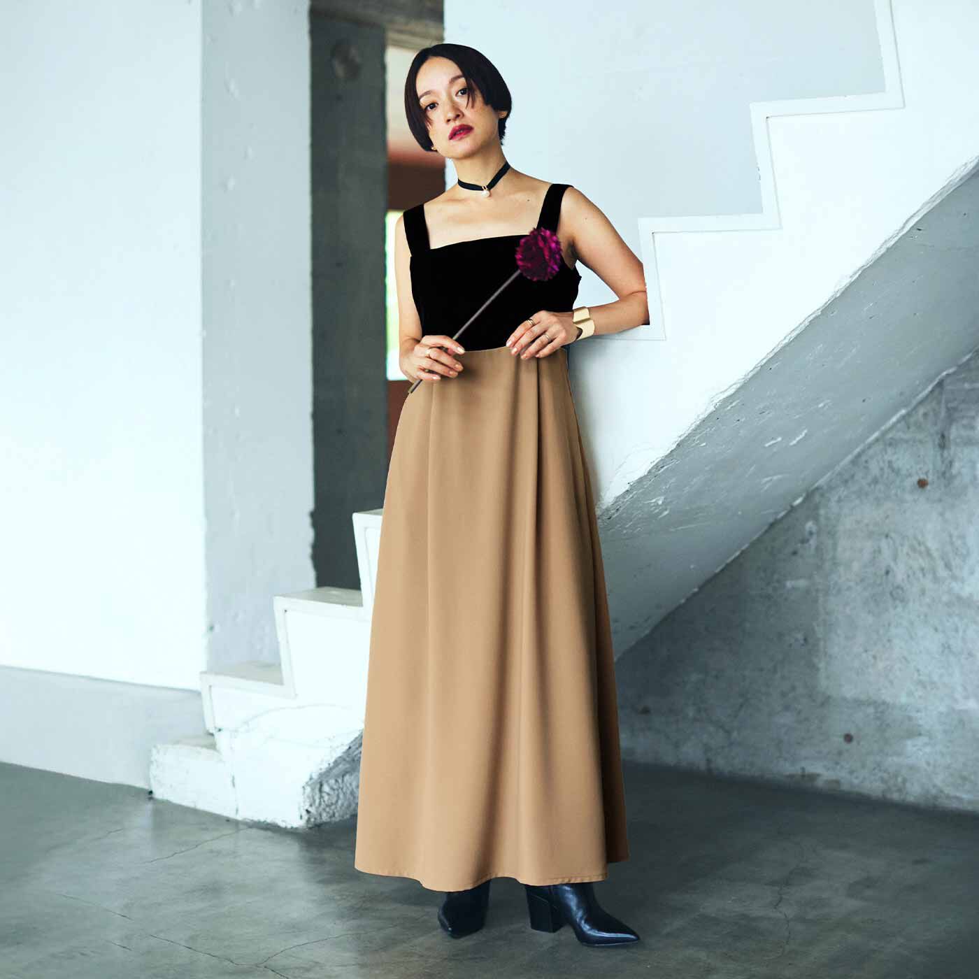 MEDE19F | 高山都さん バイカラー ドレス〈ブラック&times;ベージュ〉