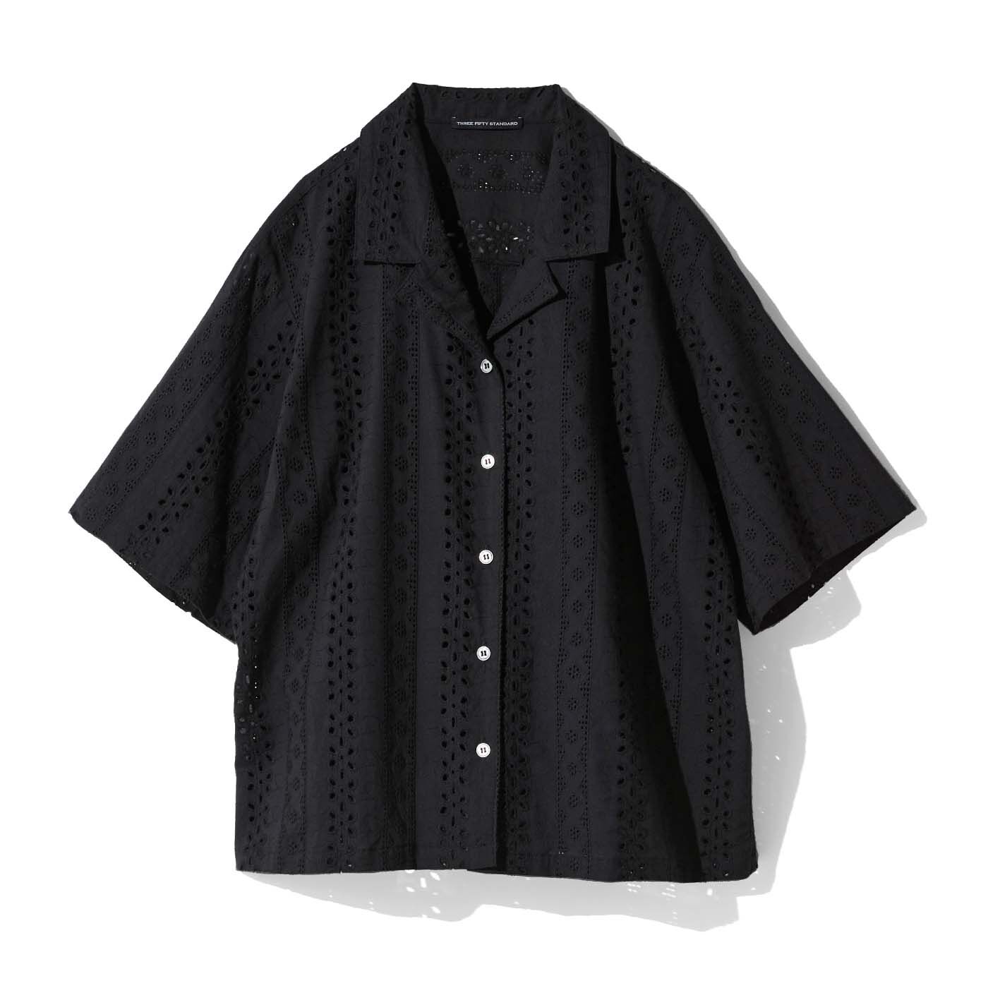 THREE FIFTY STANDARD | 綿100％ コットンレース 開衿シャツ 〈ブラック〉