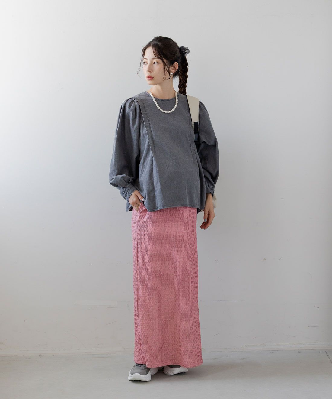 フェリシモMama|Ｍｏｒｅｄｄｅ　産前・産後使える　ふくれジャカード　Ｉラインスカート〈コーラルピンク〉