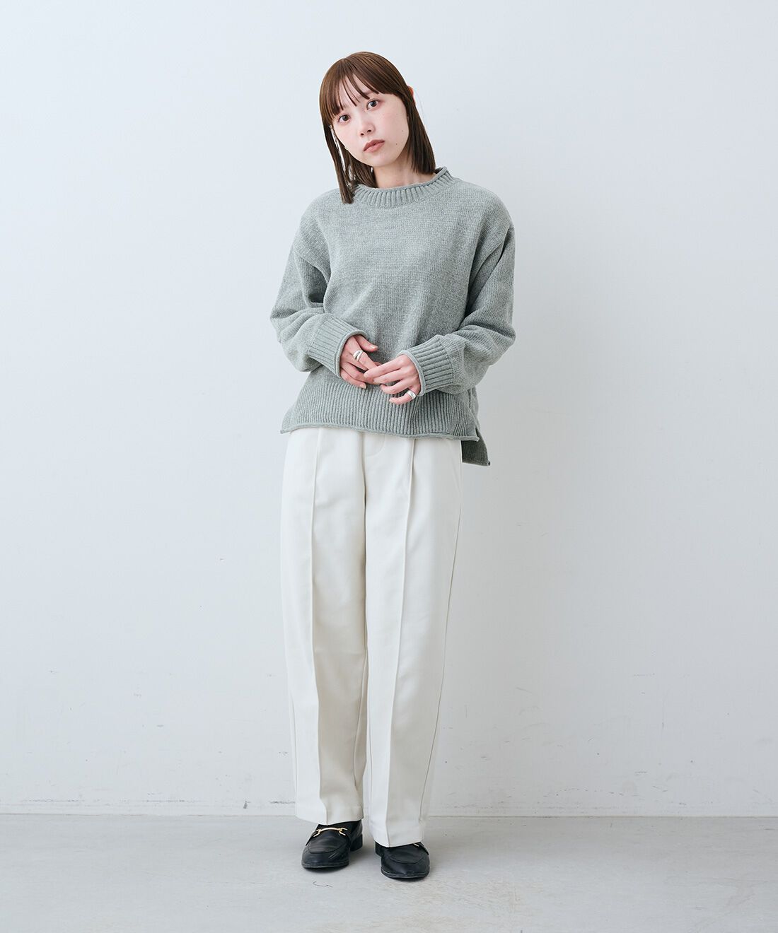 IEDIT|なめらかモールニット〈グリーン〉ＩＥのコーディネート|モデル身長：150cm　トップス着用サイズ：S　ボトムス着用サイズ：SP