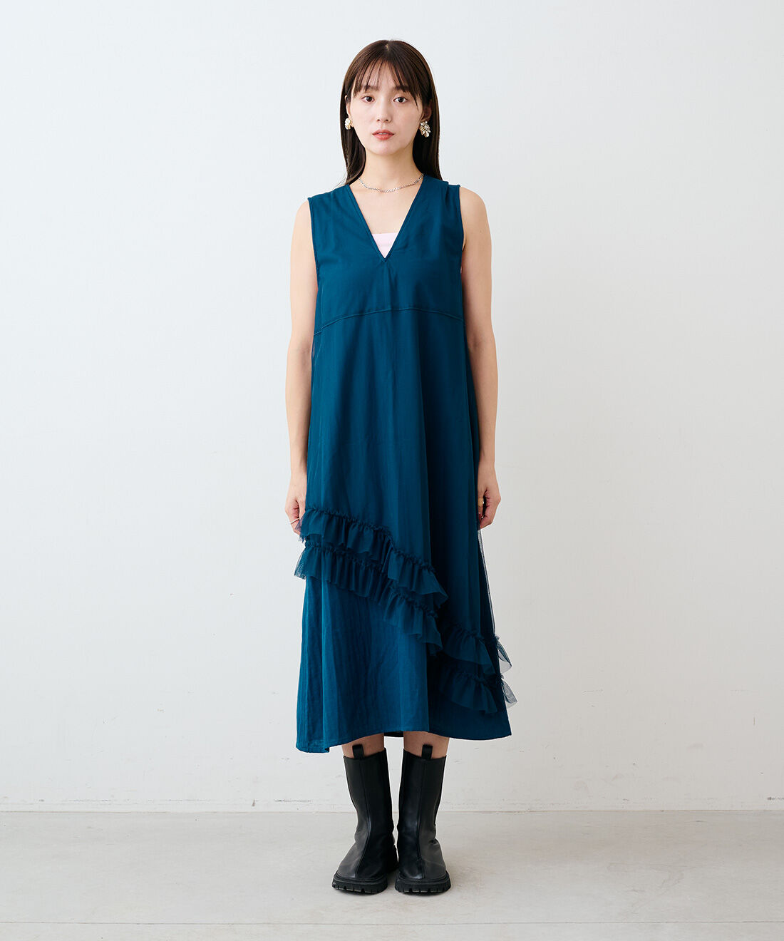 mensha!|mensha!　ガーゼにチュールを重ねた ドレスアップワンピース〈トルマリンブルー〉|モデル身長：169cm　着用サイズ：M