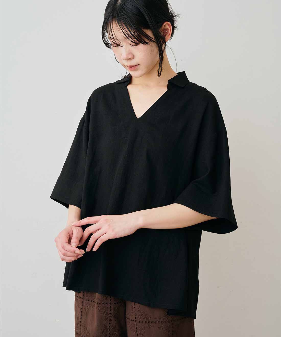 Live in  comfort|リブ イン コンフォート　はまじとコラボ 大人にちょうどいい 衿つき麻混Tブラウス